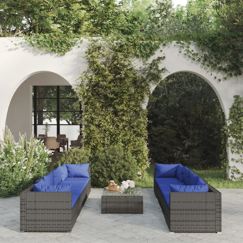 vidaXL Set de muebles de jardín 9 pzas y cojines ratán sintético gris vidaXL Set de muebles de jardín 9 pzas y cojines ratán sintético gris