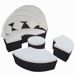 vidaXL Tumbona de jardín con toldo ratán sintético negro