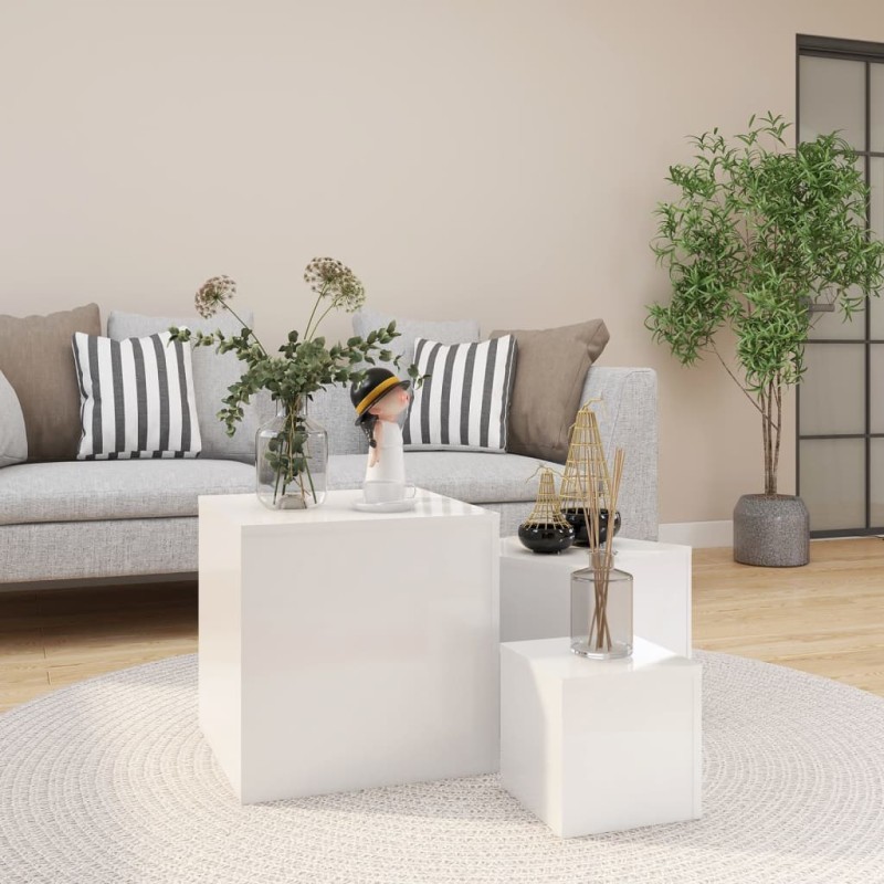 vidaXL Mesas auxiliares 3 piezas madera contrachapada blanco brillante vidaXL Mesas auxiliares 3 piezas madera contrachapada blanco brillante