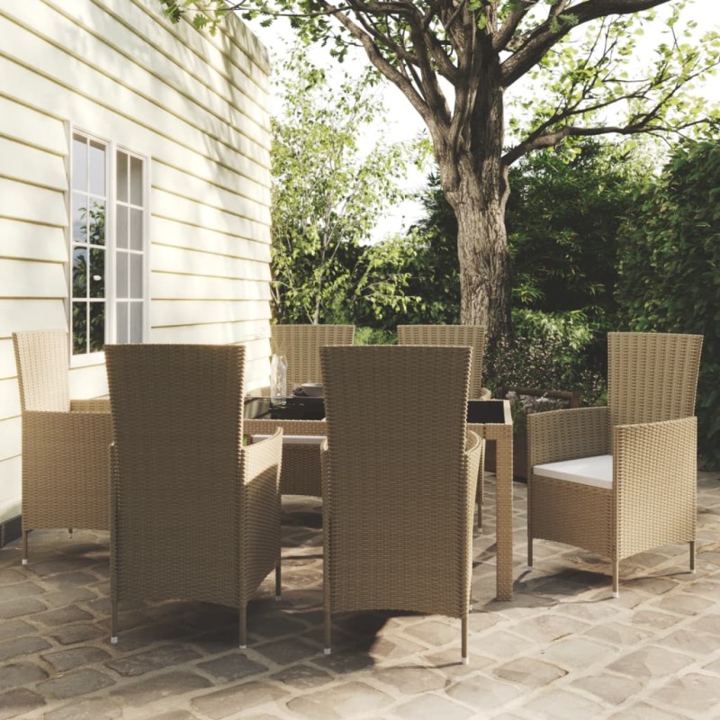 vidaXL Set de comedor de jardín 7 pzas y cojines ratán sintético beige vidaXL Set de comedor de jardín 7 pzas y cojines ratán sintético beige
