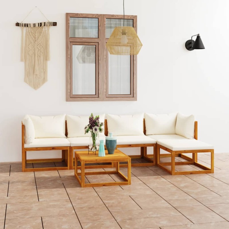 vidaXL Muebles de jardín 6 pzas cojines crema madera maciza de acacia vidaXL Muebles de jardín 6 pzas cojines crema madera maciza de acacia