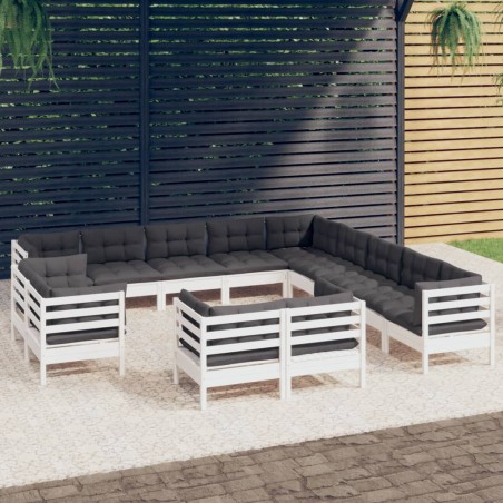 vidaXL Muebles de jardín 13 pzas y cojines blanco madera maciza pino