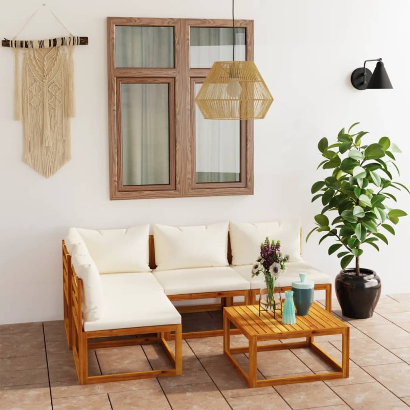 vidaXL Muebles de jardín 5 pzas cojines crema madera maciza de acacia vidaXL Muebles de jardín 5 pzas cojines crema madera maciza de acacia