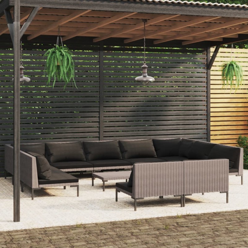 vidaXL Sofás de jardín 12 pzas cojines ratán sintético gris oscuro vidaXL Sofás de jardín 12 pzas cojines ratán sintético gris oscuro