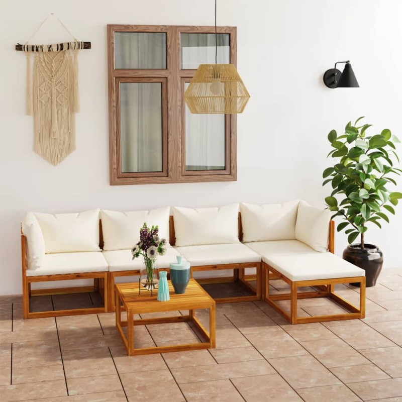vidaXL Muebles de jardín 6 pzas cojines crema madera maciza de acacia vidaXL Muebles de jardín 6 pzas cojines crema madera maciza de acacia