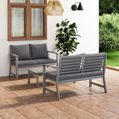 vidaXL Muebles de jardín 3 pzas cojines madera maciza de acacia gris