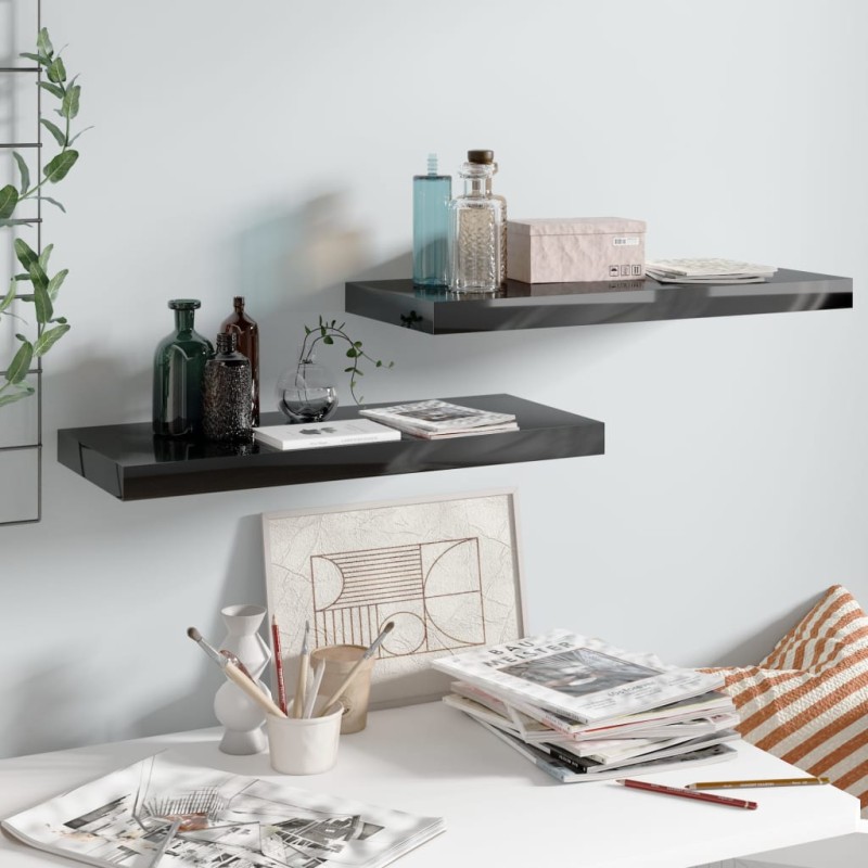 vidaXL Estante flotante de pared 2 uds MDF negro brillo 60x23,5x3,8 cm vidaXL Estante flotante de pared 2 uds MDF negro brillo 60x23,5x3,8 cm