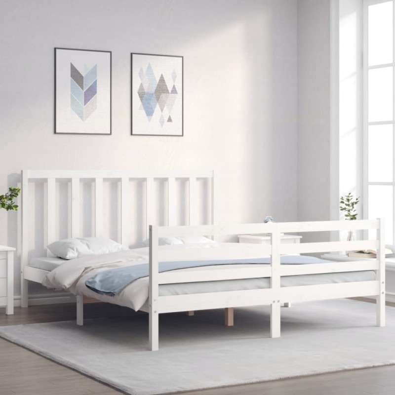 vidaXL Estructura de cama matrimonio con cabecero madera maciza blanco vidaXL Estructura de cama matrimonio con cabecero madera maciza blanco