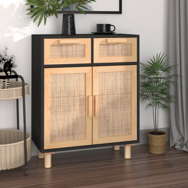 vidaXL Aparador negro madera pino maciza y ratán natural 60x30x75 cm vidaXL Aparador negro madera pino maciza y ratán natural 60x30x75 cm