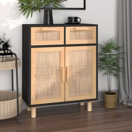 vidaXL Aparador negro madera pino maciza y ratán natural 60x30x75 cm