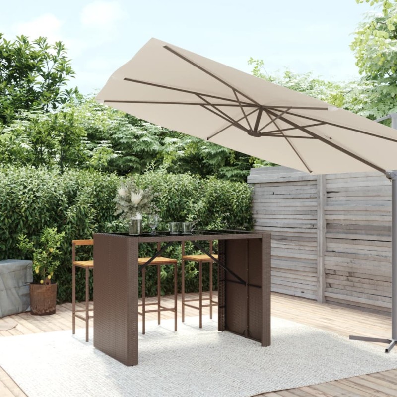 vidaXL Mesa alta bar superficie vidrio ratán PE marrón 145x80x110 cm vidaXL Mesa alta bar superficie vidrio ratán PE marrón 145x80x110 cm