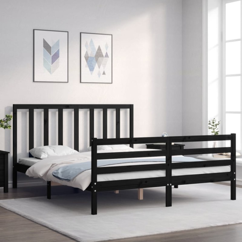 vidaXL Estructura de cama con cabecero madera maciza negro 160x200 cm vidaXL Estructura de cama con cabecero madera maciza negro 160x200 cm