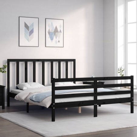 vidaXL Estructura de cama con cabecero madera maciza negro 160x200 cm