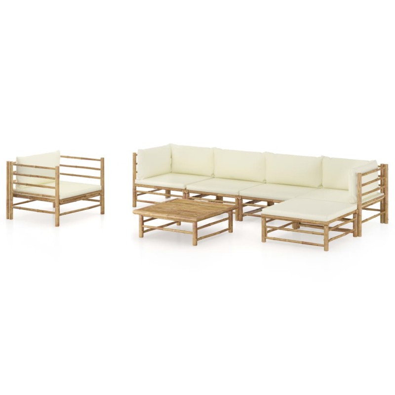 vidaXL Set de muebles de jardín 7 piezas bambú y cojines blanco crema