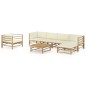 vidaXL Set de muebles de jardín 7 piezas bambú y cojines blanco crema