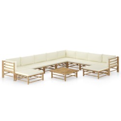 vidaXL Set de muebles de jardín 11 piezas bambú y cojines blanco crema