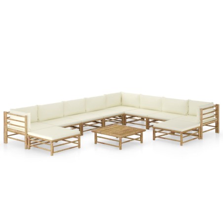 vidaXL Set de muebles de jardín 11 piezas bambú y cojines blanco crema