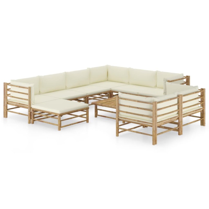 vidaXL Set de muebles de jardín 10 piezas bambú y cojines blanco crema vidaXL Set de muebles de jardín 10 piezas bambú y cojines blanco crema