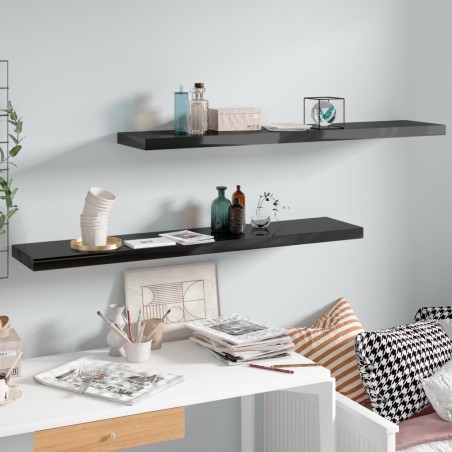 vidaXL Estantes flotantes pared 2 uds MDF negro brillo 120x23,5x3,8 cm