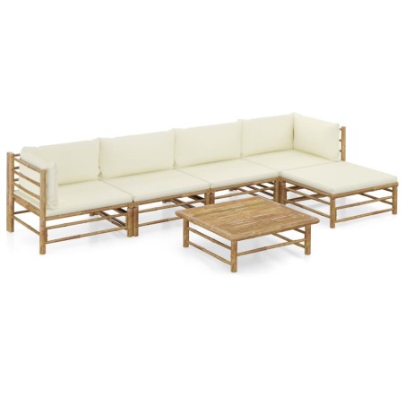 vidaXL Set de muebles de jardín 6 piezas bambú y cojines blanco crema