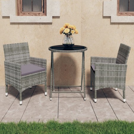 vidaXL Set de bistró jardín 3 pzs ratán sintético vidrio templado gris