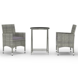 vidaXL Set de bistró jardín 3 pzs ratán sintético vidrio templado gris