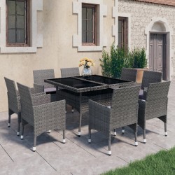 vidaXL Set de comedor de jardín 9 piezas ratán PE y vidrio gris 