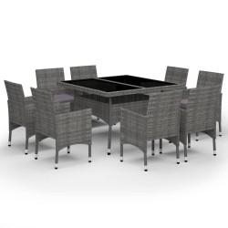 vidaXL Set de comedor de jardín 9 piezas ratán PE y vidrio gris 