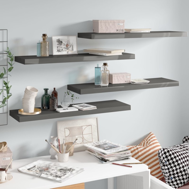 vidaXL Estantes flotantes pared 4 uds MDF gris brillo 90x23,5x3,8 cm vidaXL Estantes flotantes pared 4 uds MDF gris brillo 90x23,5x3,8 cm