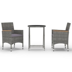 vidaXL Set de bistró jardín 3 pzs ratán sintético vidrio templado gris