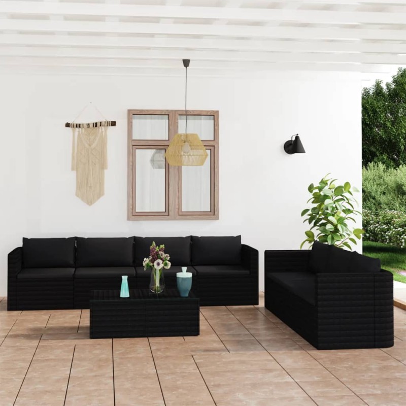 vidaXL Set muebles de jardín 8 piezas y cojines ratán sintético negro vidaXL Set muebles de jardín 8 piezas y cojines ratán sintético negro