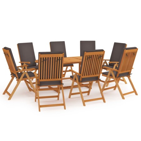 vidaXL Set de comedor para jardín 9 piezas teca maciza y cojines gris