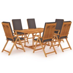 vidaXL Set de comedor para jardín 7 piezas teca maciza y cojines gris