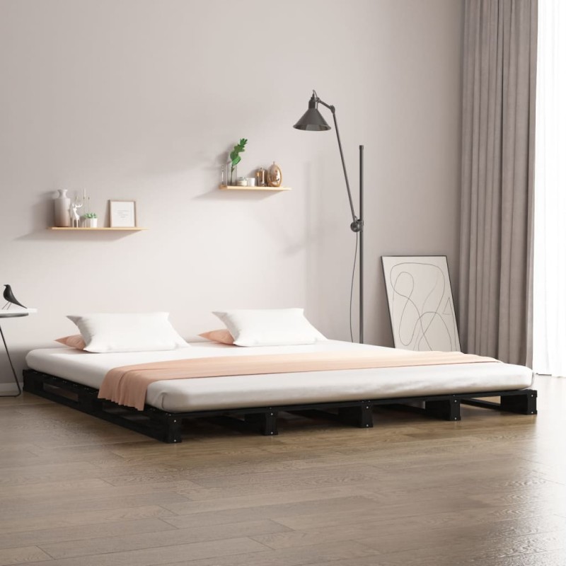 vidaXL Cama de palets madera maciza pino negra King Size 150x200 cm