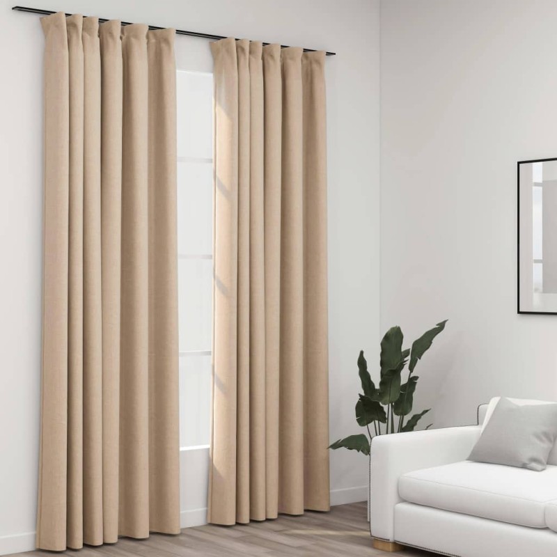 vidaXL Cortinas opacas con ganchos look de lino 2 pzas beige 140x225cm vidaXL Cortinas opacas con ganchos look de lino 2 pzas beige 140x225cm