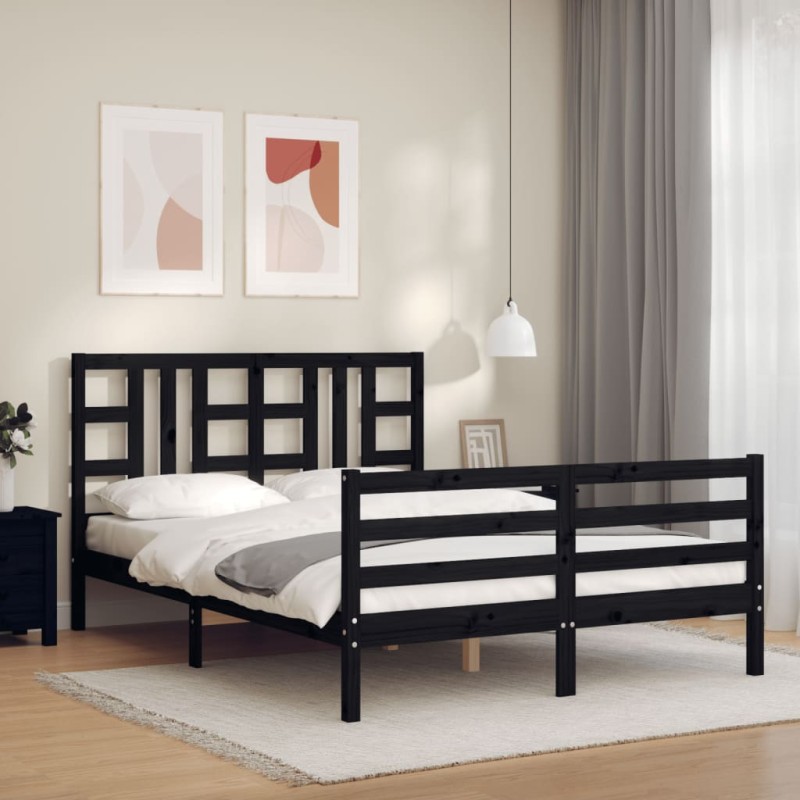 vidaXL Estructura de cama con cabecero madera maciza negro 160x200 cm vidaXL Estructura de cama con cabecero madera maciza negro 160x200 cm