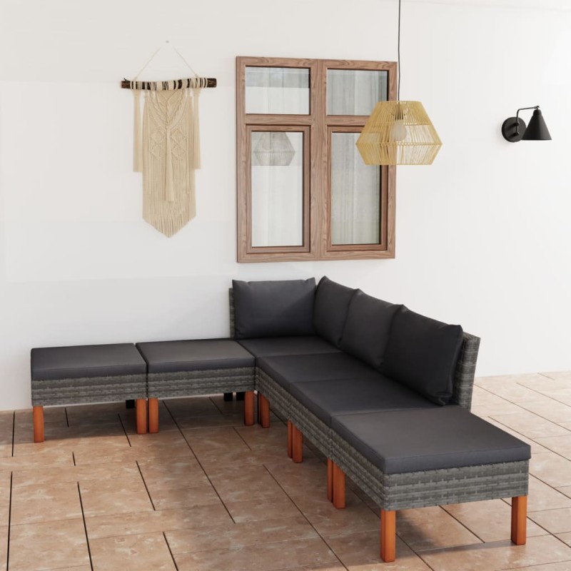 vidaXL Set de muebles de jardín 6 pzas y cojines ratán sintético gris vidaXL Set de muebles de jardín 6 pzas y cojines ratán sintético gris