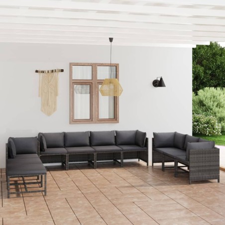 vidaXL Set de muebles de jardín 10 pzas y cojines ratán sintético gris