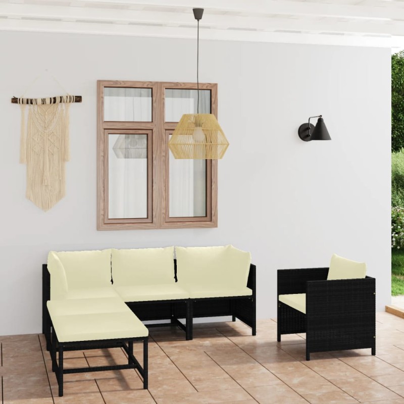vidaXL Set de muebles de jardín 6 pzas y cojines ratán sintético negro vidaXL Set de muebles de jardín 6 pzas y cojines ratán sintético negro