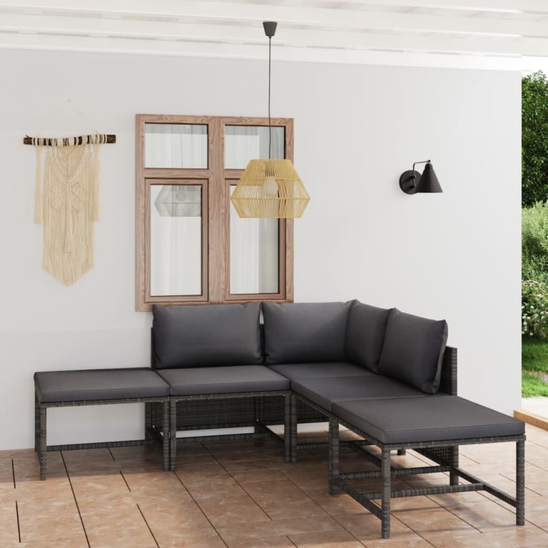 vidaXL Set de muebles de jardín 6 pzas y cojines ratán sintético gris vidaXL Set de muebles de jardín 6 pzas y cojines ratán sintético gris