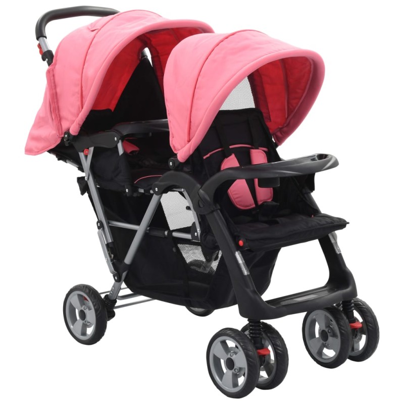 vidaXL Carrito para 2 niños tandem de acero rosa y negro vidaXL Carrito para 2 niños tandem de acero rosa y negro