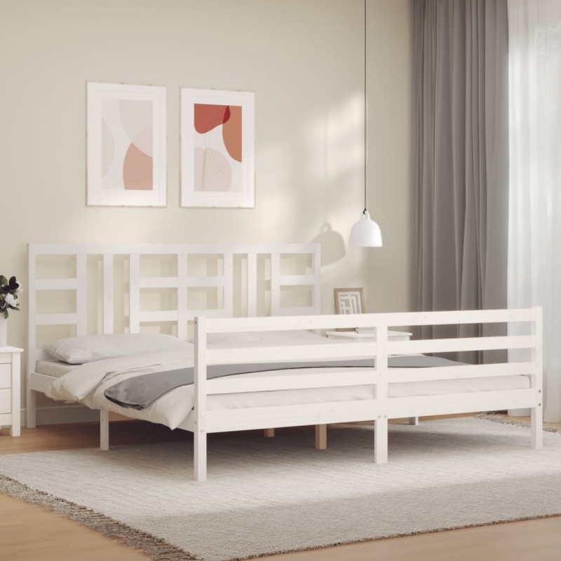 vidaXL Estructura cama de matrimonio con cabecero madera maciza blanco vidaXL Estructura cama de matrimonio con cabecero madera maciza blanco