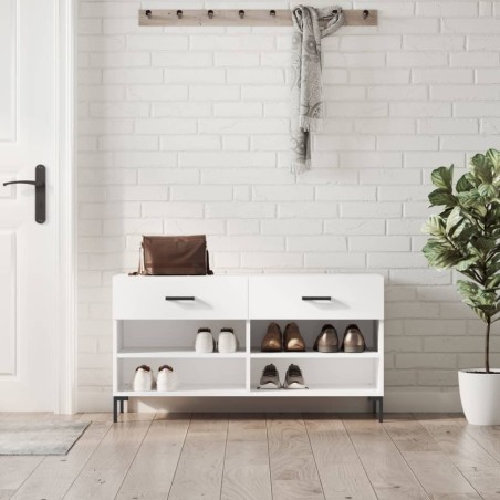 vidaXL Banco zapatero madera de ingeniería blanco brillo 102x35x55 cm
