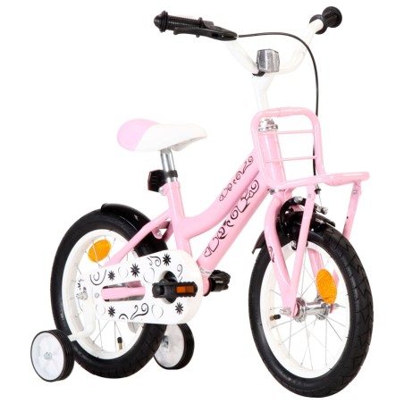 vidaXL Bicicleta niños y portaequipajes delantero 14" blanca y rosa 