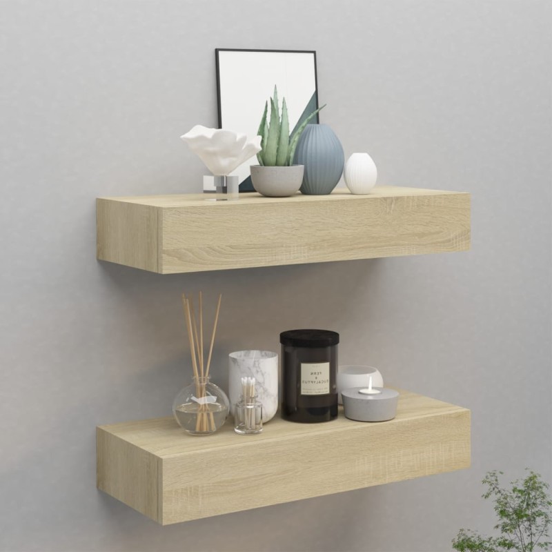 vidaXL Estantes de pared con cajón 2 uds MDF roble 60x23,5x10 cm vidaXL Estantes de pared con cajón 2 uds MDF roble 60x23,5x10 cm