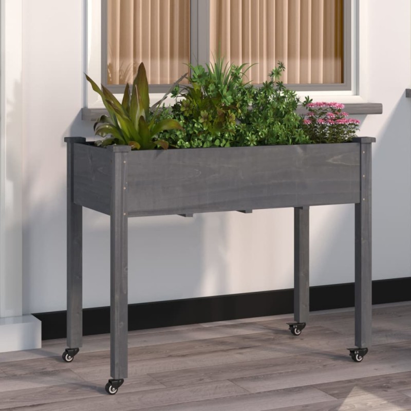 vidaXL Jardinera con ruedas y forro madera de abeto gris 118x59x80 cm vidaXL Jardinera con ruedas y forro madera de abeto gris 118x59x80 cm
