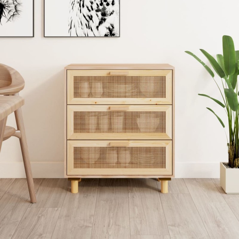 vidaXL Aparador marrón madera pino maciza y ratán natural 60x30x70 cm