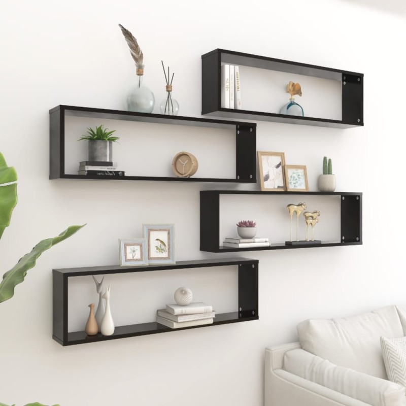 vidaXL Estantes cubo de pared 4 uds contrachapado negro 100x15x30 cm