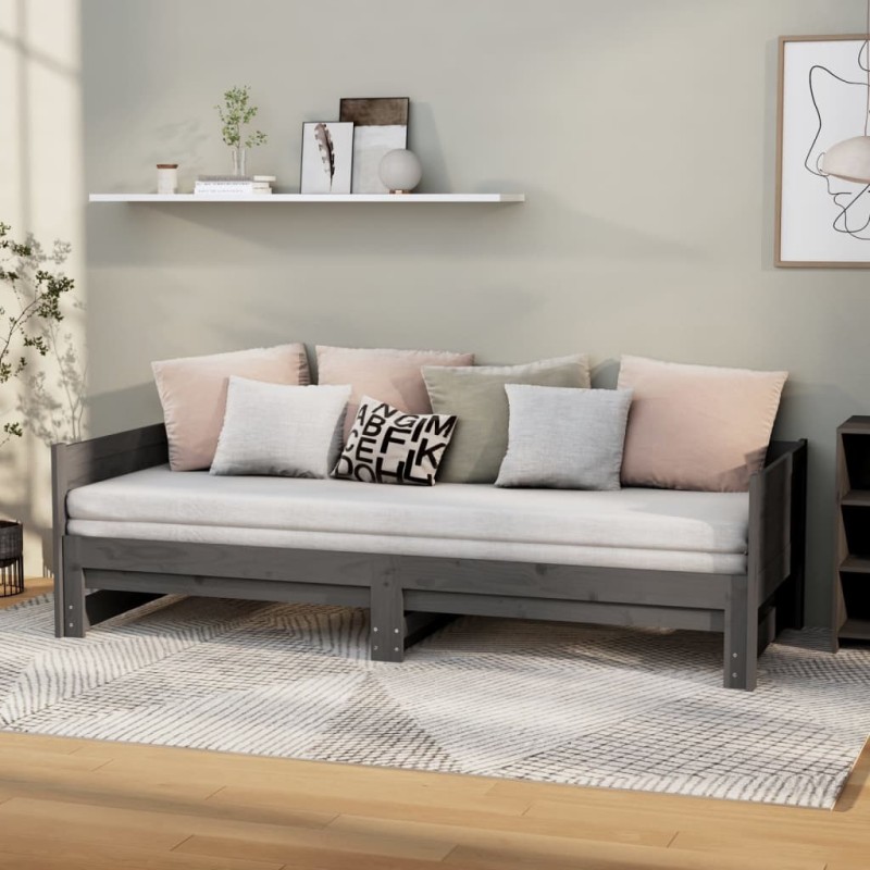 vidaXL Sofá cama extraíble madera maciza de pino gris 2x(80x200) cm vidaXL Sofá cama extraíble madera maciza de pino gris 2x(80x200) cm