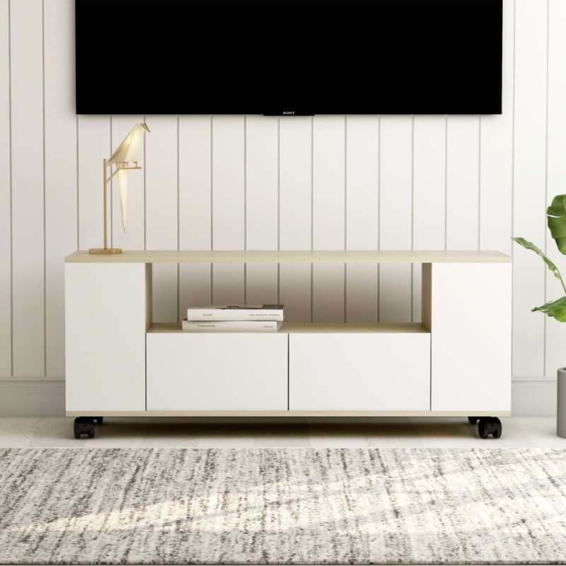 vidaXL Mueble de TV madera contrachapada blanco y roble 120x35x48 cm vidaXL Mueble de TV madera contrachapada blanco y roble 120x35x48 cm
